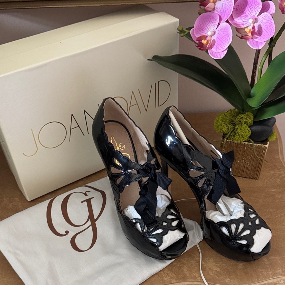 Joan and David Cut Out Black Patent Peep Toe Ribbon Tie Pumps
